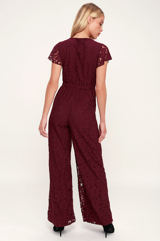 Love You Still Wine Red Lace Tie-Front Short Sleeve Jumpsuit 4