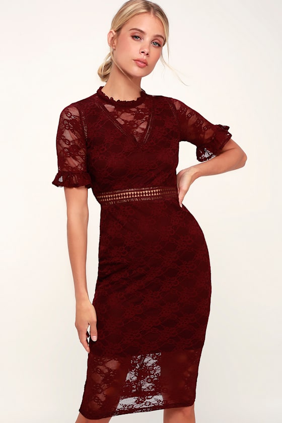 midi burgundy lace dress
