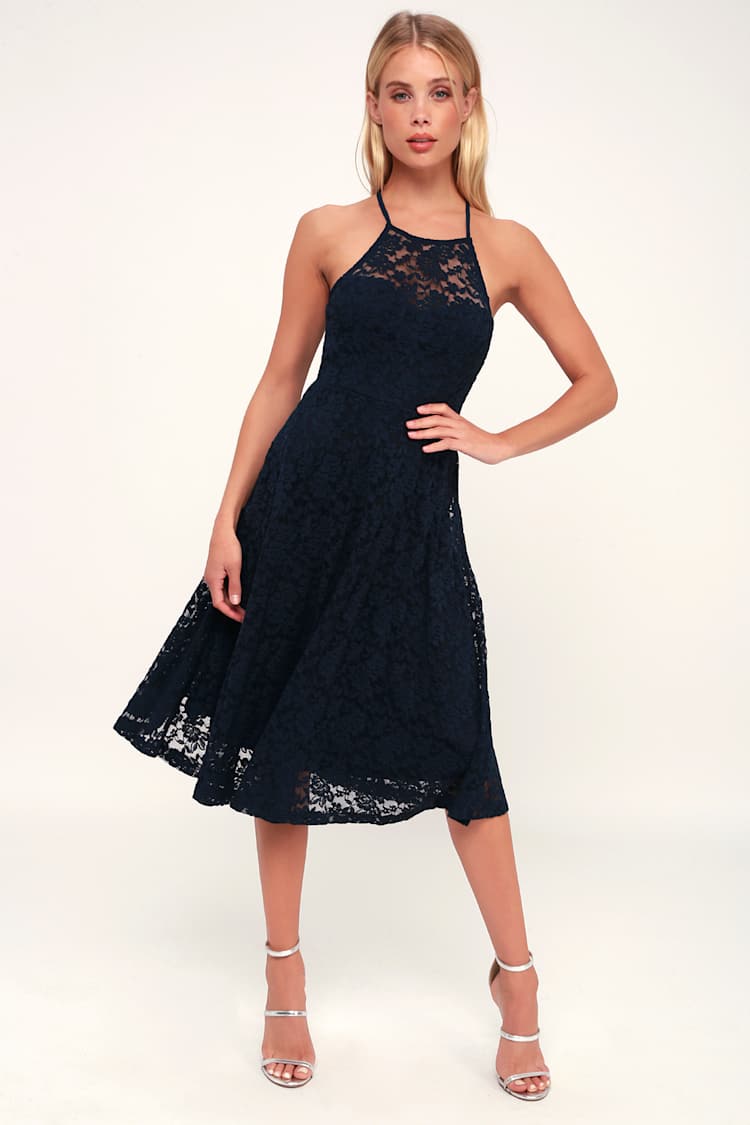 My Kingdom Navy Blue Lace Midi Dress