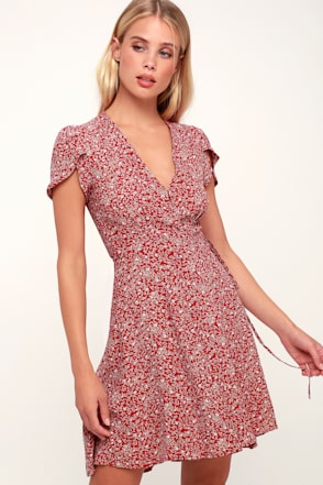 Rolla's Dancer Wrap Dress Red Floral Print Dress Mini Dress