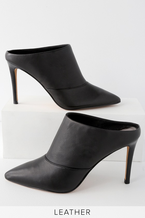 black leather pointed toe mules