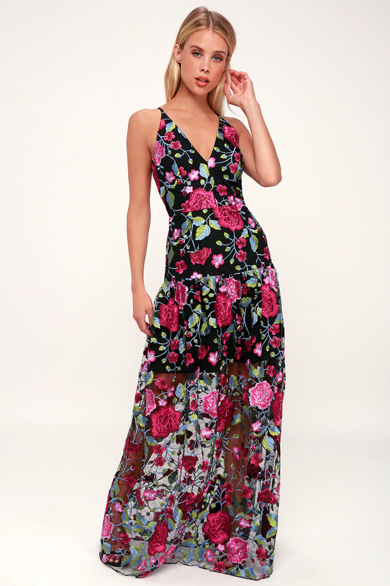 Dress the Population Leticia - Black Embroidered Maxi Dress - Lulus
