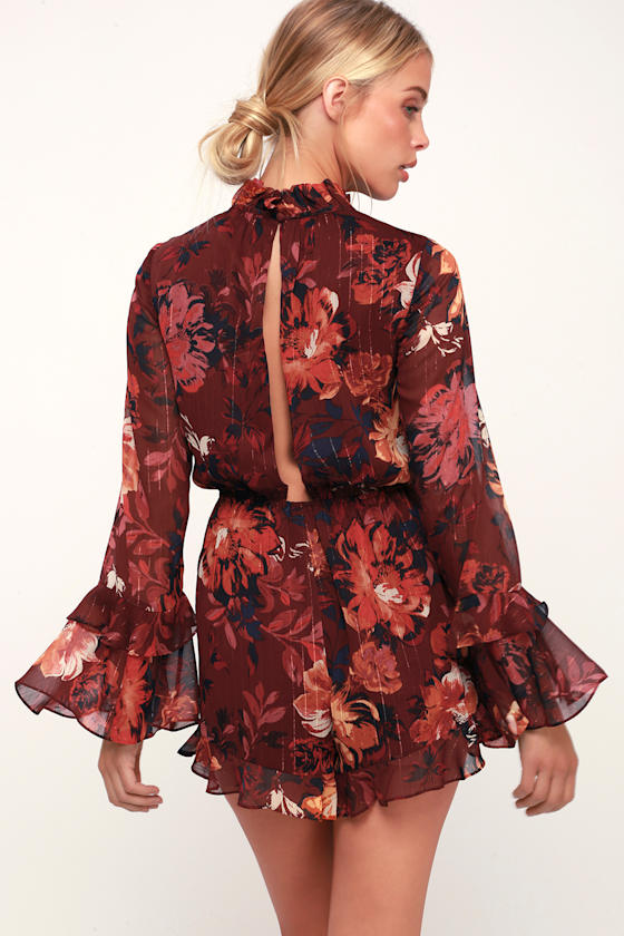 Getting All Your Love Wine Red Floral Print Long Sleeve Romper 1