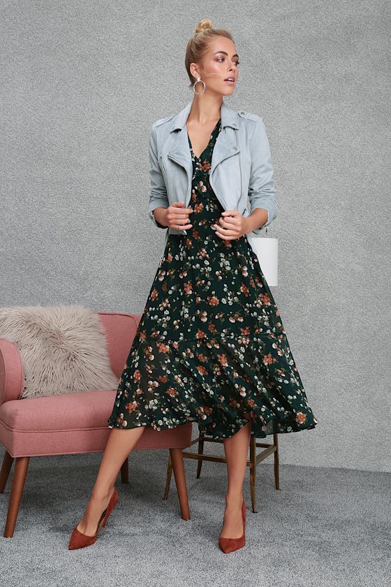 Primrose Hill Forest Green Floral Print Long Sleeve Midi Dress 7