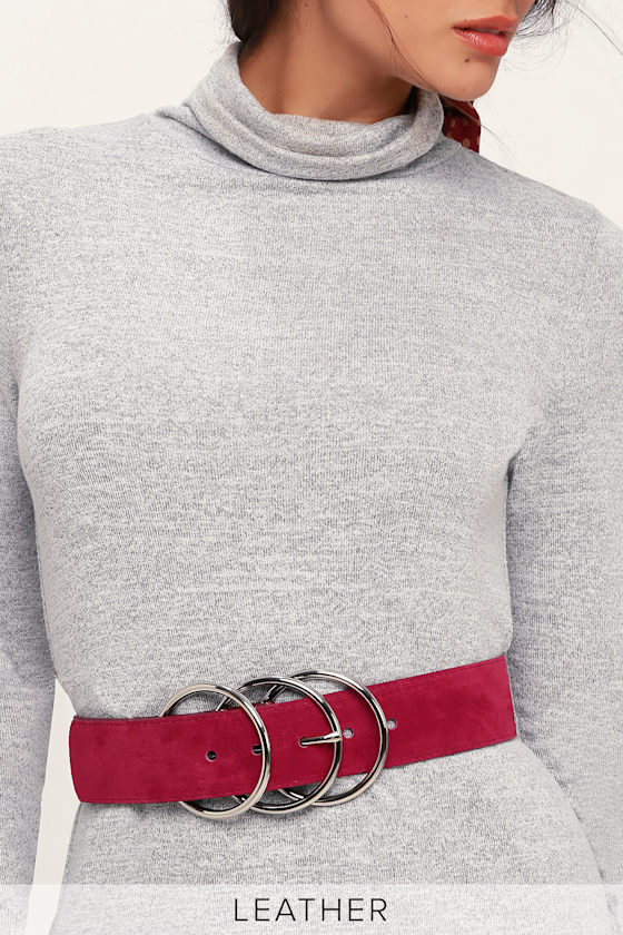 Luxe Life Wine Red Suede Leather Triple Buckle Belt 2