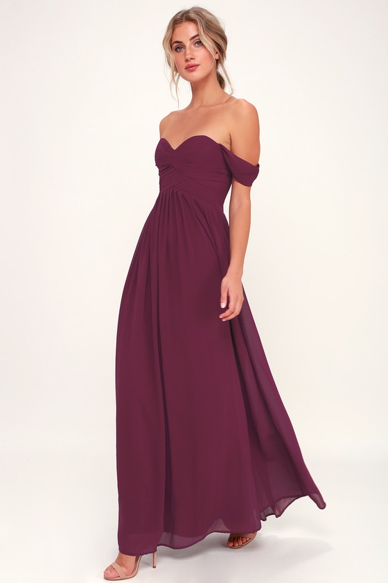 maroon off the shoulder maxi dress