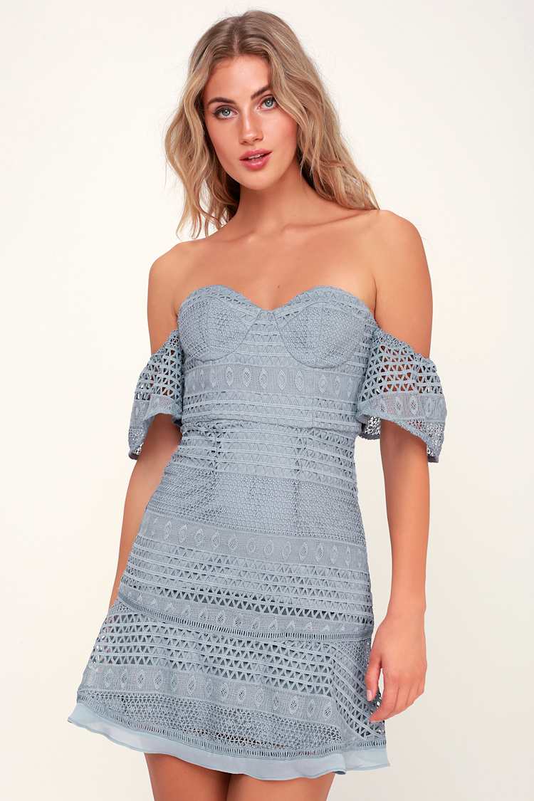 blue stone dress Midnight Lace Bardot Dress – Elegant Night