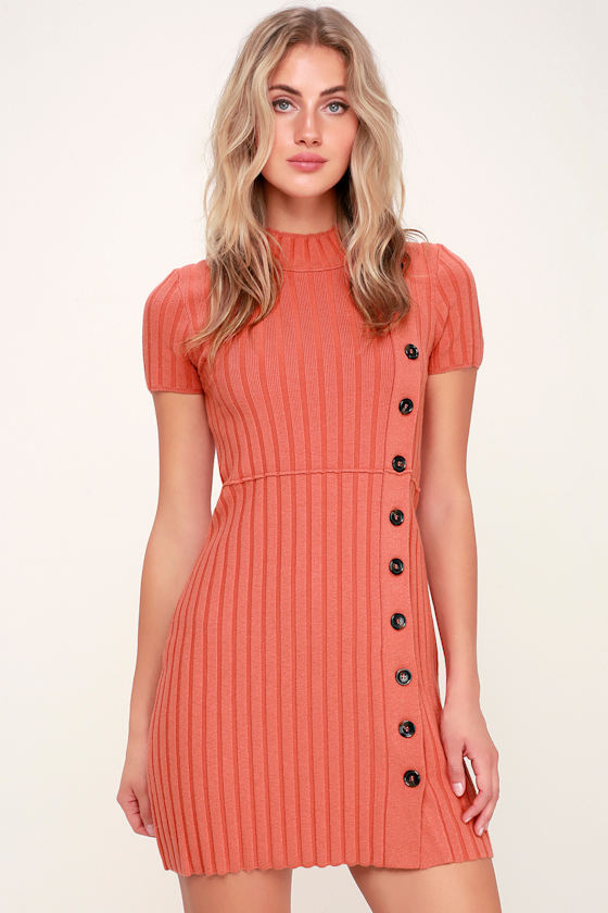 Lottie Coral Pink Ribbed Button-Front Mock Neck Sweater Dress 1