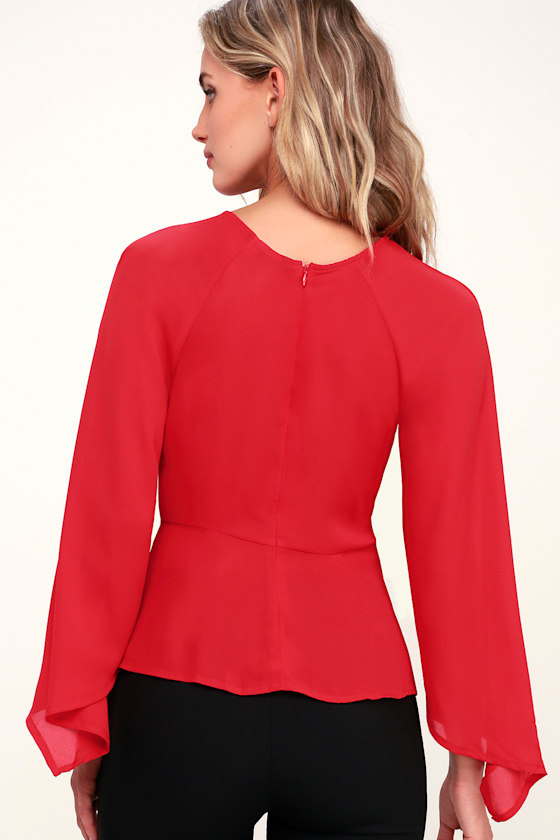 Cute Red Top Long Sleeve Top TieFront Top Office Top