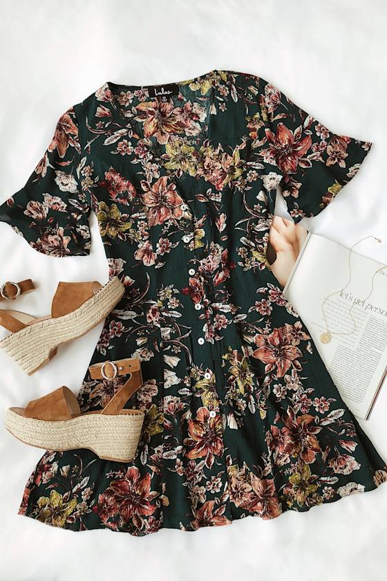 Garden of Delight Forest Green Floral Print Button-Front Dress 2