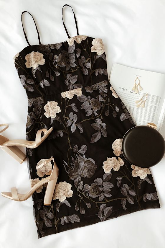 Elston Black Floral Embroidered Bodycon Dress 2