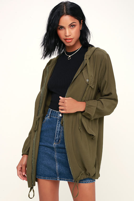 Classic Olive Green Jacket Hooded Jacket Long Line Jacket Lulus
