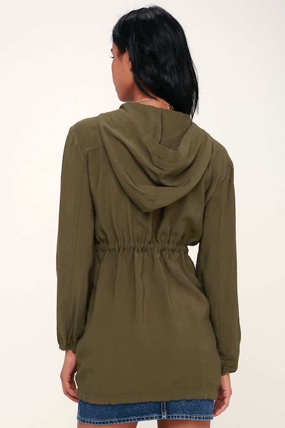 Classic Olive Green Jacket Hooded Jacket Long Line Jacket Lulus