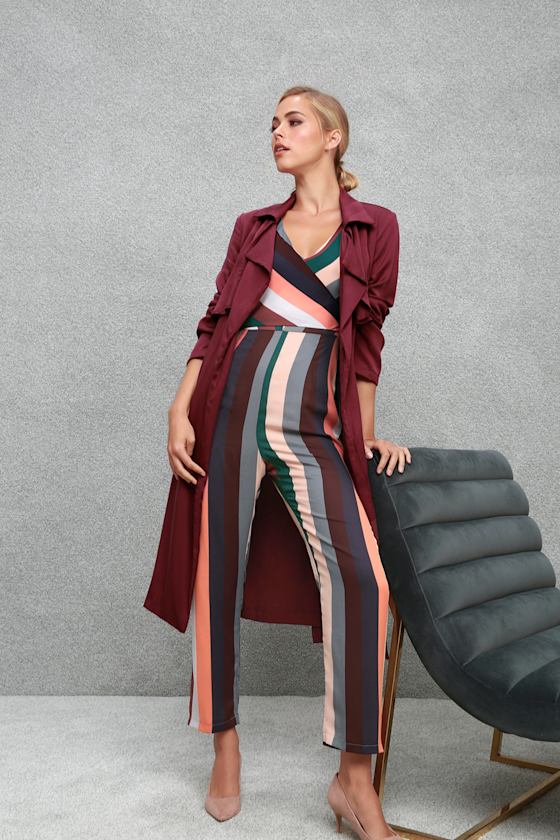 Ravyn Rusty Rose Multi Striped Sleeveless Surplice Jumpsuit 1