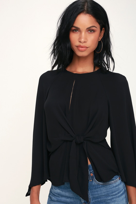 black long sleeve tie front top