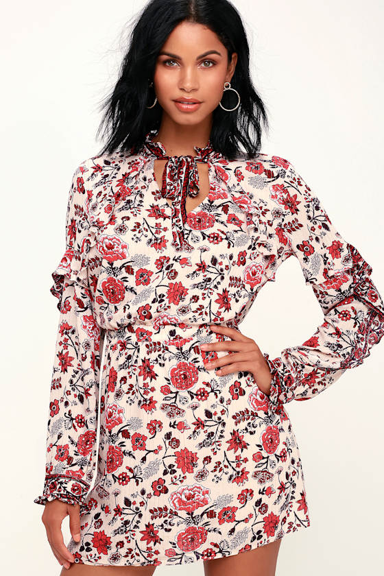 Spark of Love Beige Floral Print Ruffled Long Sleeve Dress 1