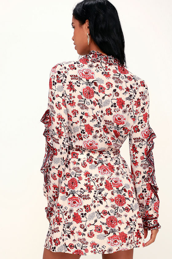 Spark of Love Beige Floral Print Ruffled Long Sleeve Dress 4