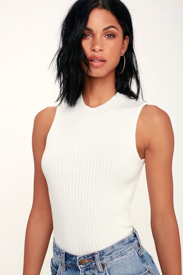 Chic White Top Sleeveless Top Sleeveless Mock Neck Crop Top