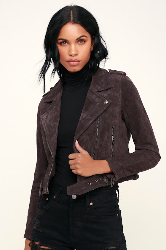 Backhanded Dark Plum Purple Suede Leather Moto Jacket 3