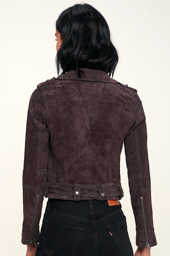 Backhanded Dark Plum Purple Suede Leather Moto Jacket 5