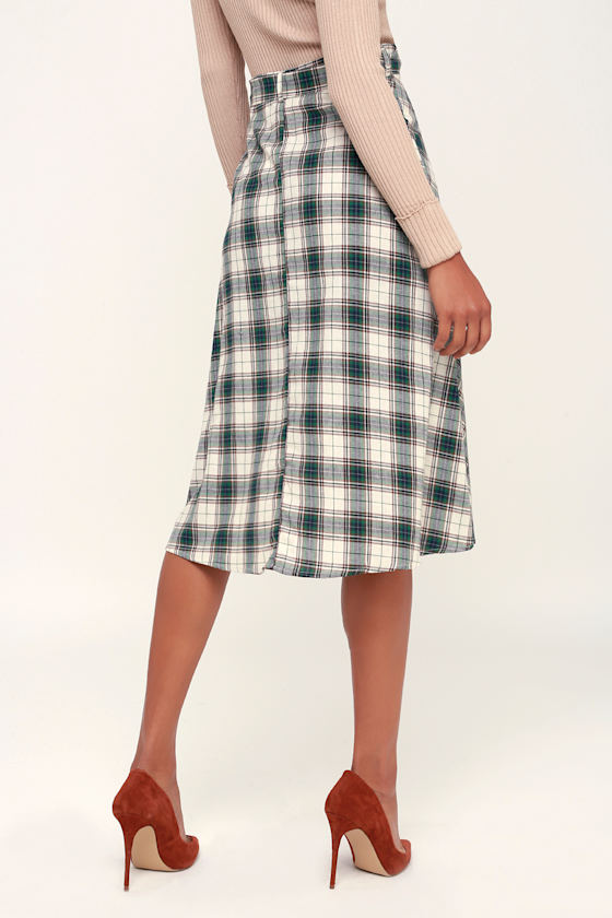 Cute Green Plaid Skirt ButtonFront Skirt Plaid Midi Skirt