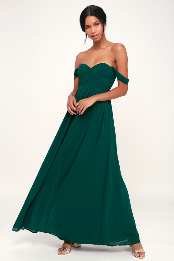 forest green off the shoulder dress