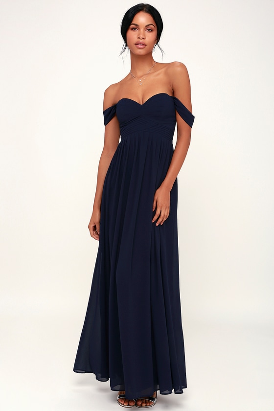 navy blue off the shoulder maxi dress