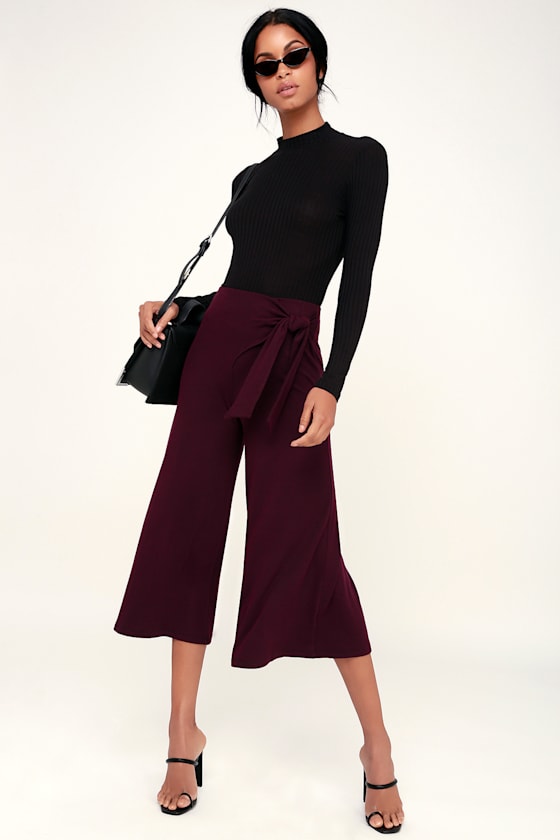 Cute Burgundy Pants Ribbed Culotte Pants TieFront Cute Burgundy Pants Ribbed Culotte Pants TieFront