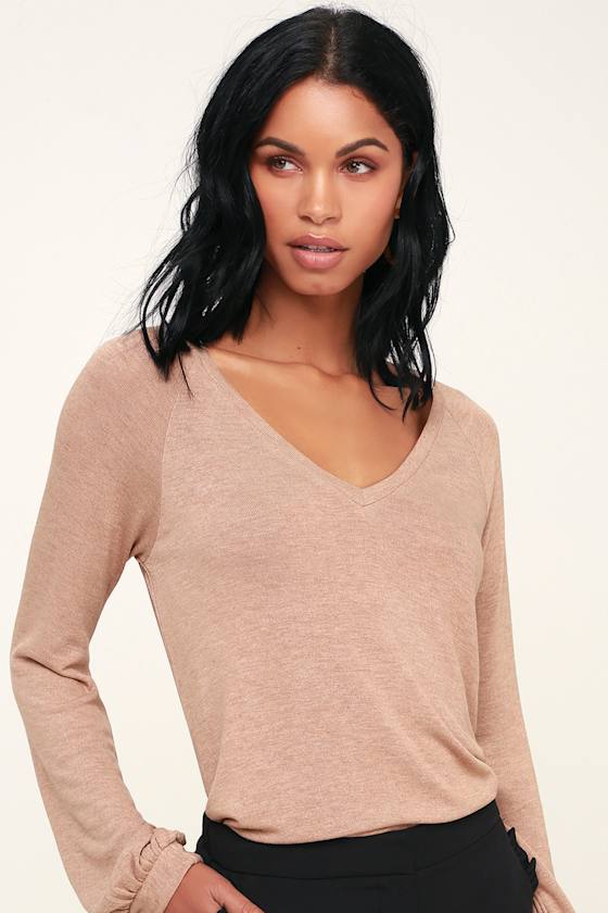 Cute Taupe Top Long Sleeve Top Sweater Top VNeck Top Lulus