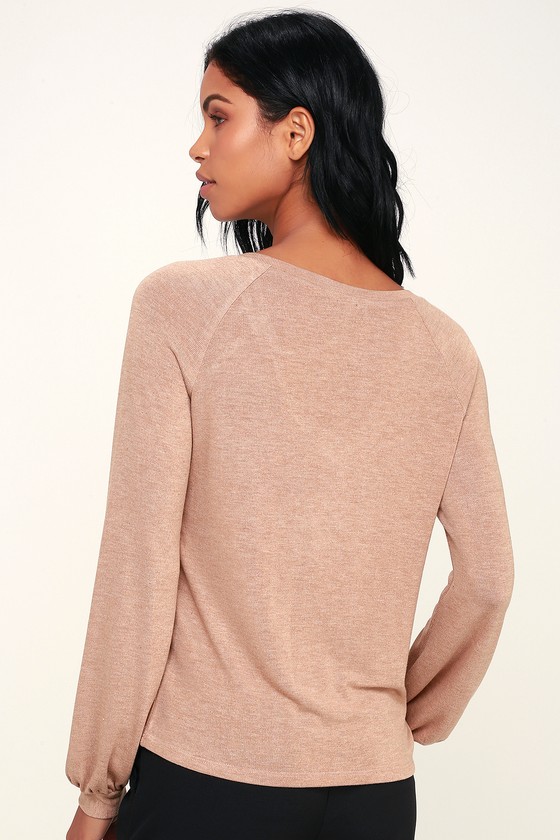 Cute Taupe Top - Long Sleeve Top - Sweater Top - V-Neck Top