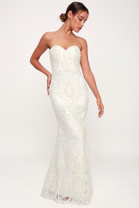Take Me Away White Lace and Pearl Strapless Maxi Dress