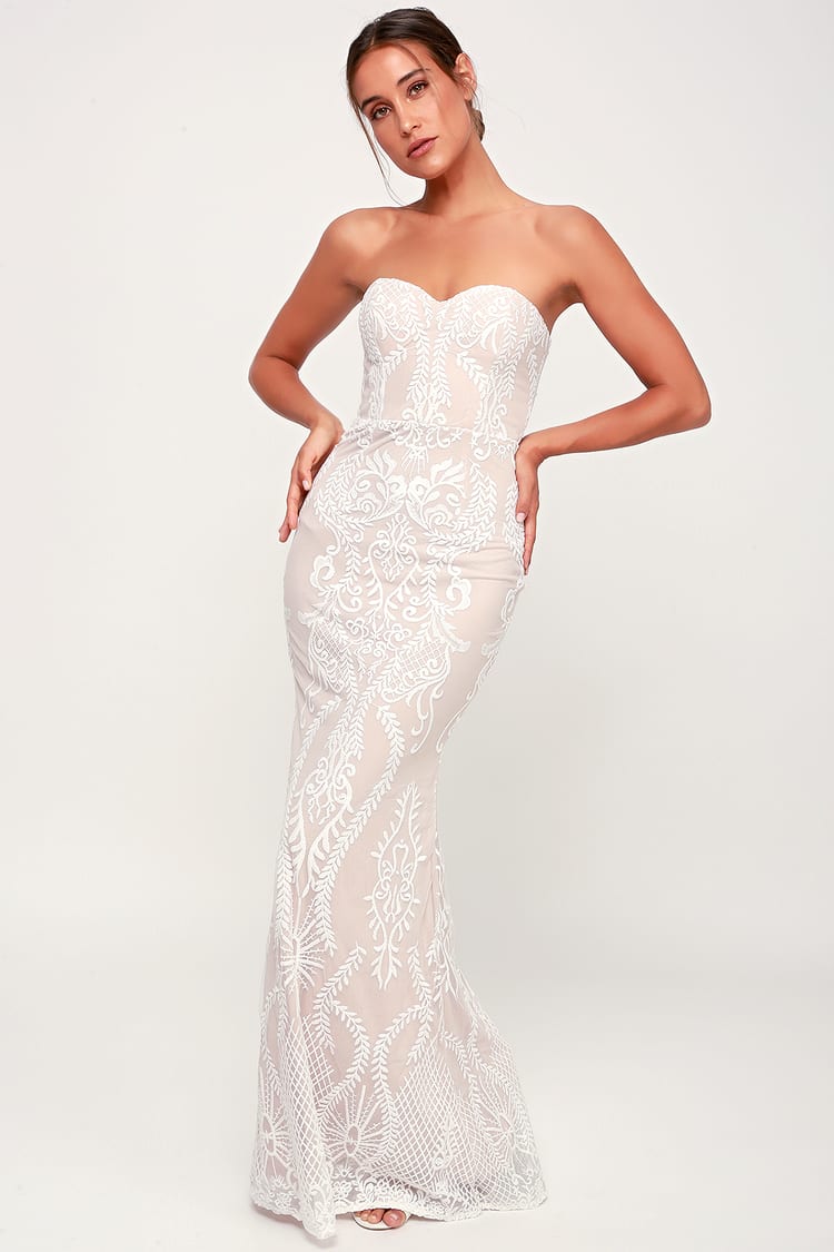 You Belong With Me White and Beige Lace Strapless Maxi Dress