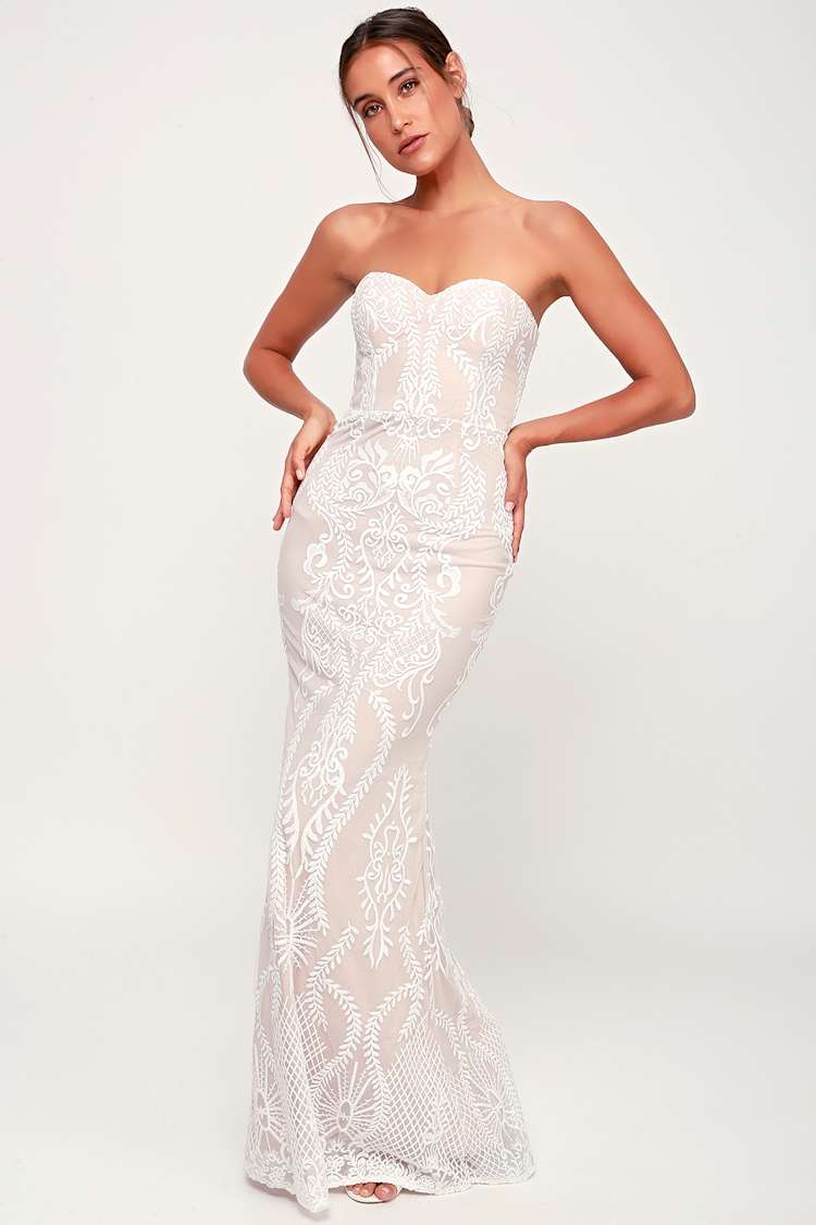 You Belong With Me White and Beige Lace Strapless Maxi Dress