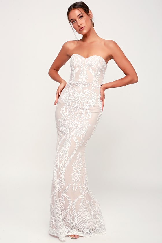 You Belong With Me White and Nude Lace Strapless Maxi Dress 1