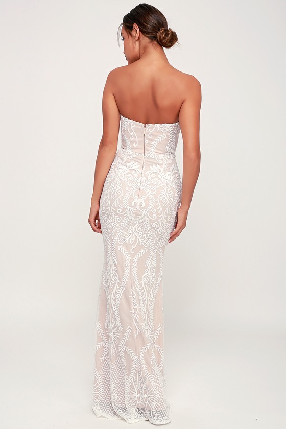 You belong with me white and nude lace shop strapless maxi dress