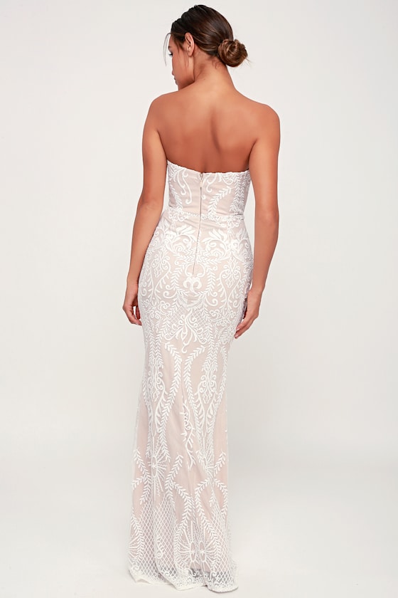 You Belong With Me White and Nude Lace Strapless Maxi Dress 5