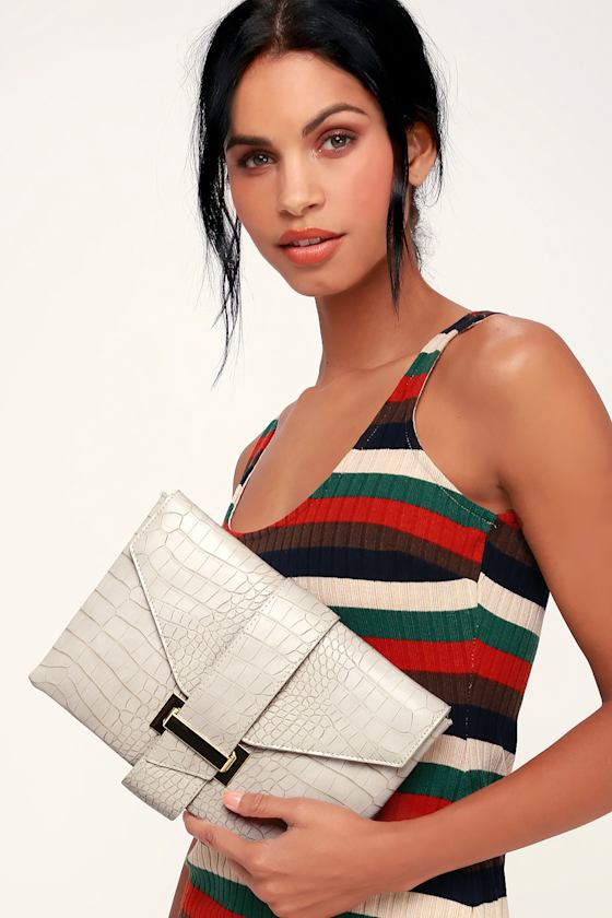 Delacour Beige Crocodile Embossed Clutch 1