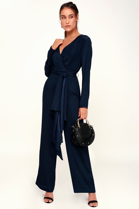 Women's Jumpsuit Solid Color V Neck Elegant Wedding Party Wide Leg Regular  Fit Long Sleeve Blue Green S M L All Seasons 2024 - $34.99