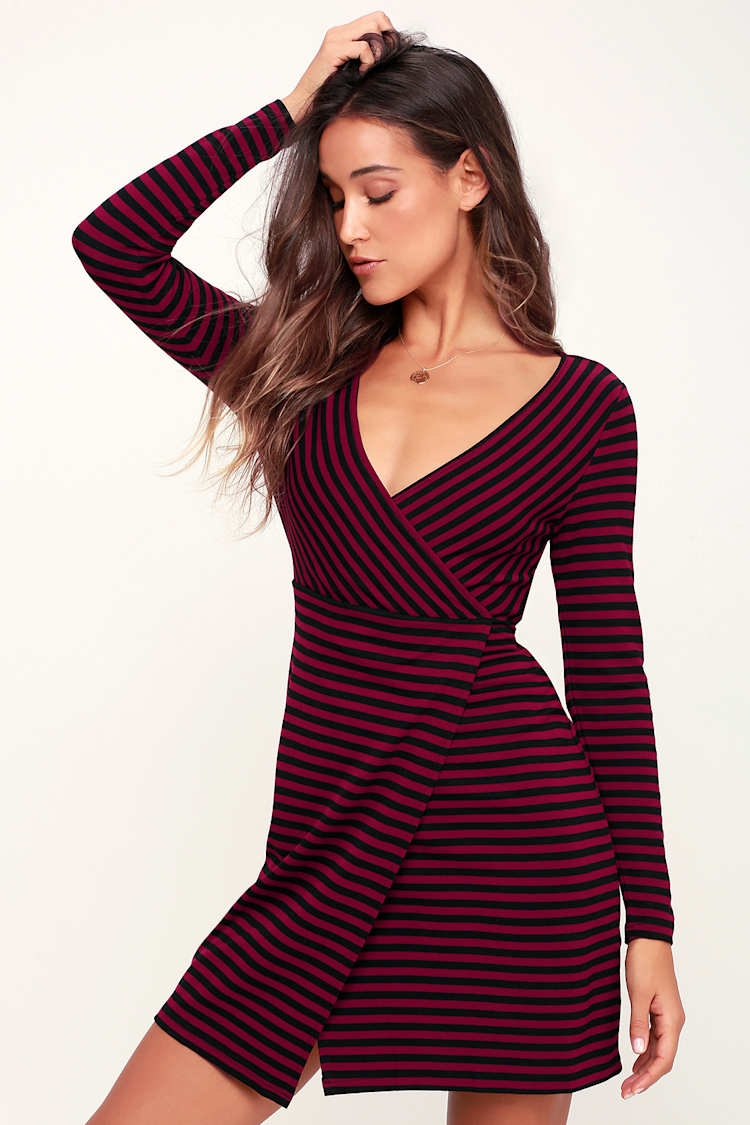 burgundy and black striped dress Strapped In Style Burgundy Tie Stripe Ribbed Dress main image 1