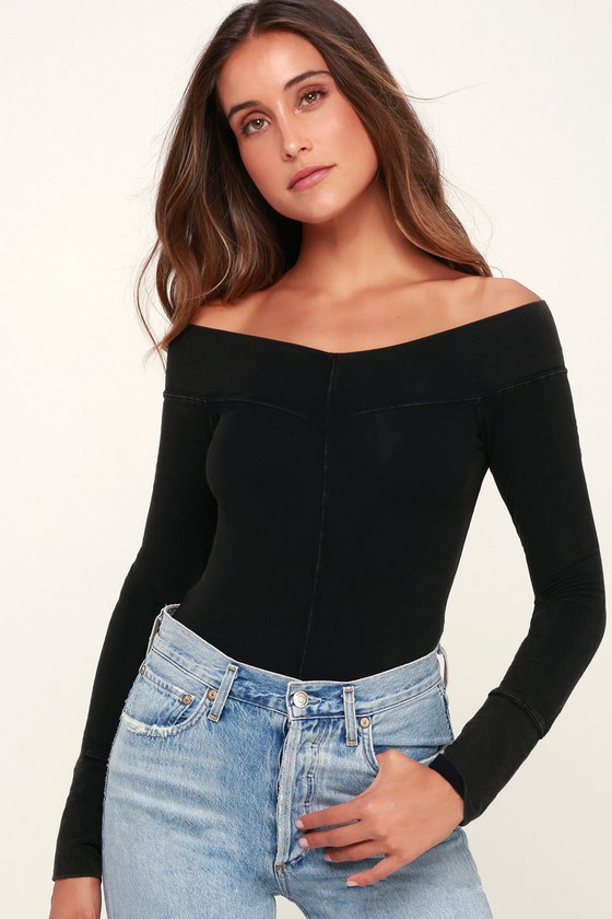 Free People Zone Out - Washed Black Bodysuit - Off-the-Shoulder - Lulus