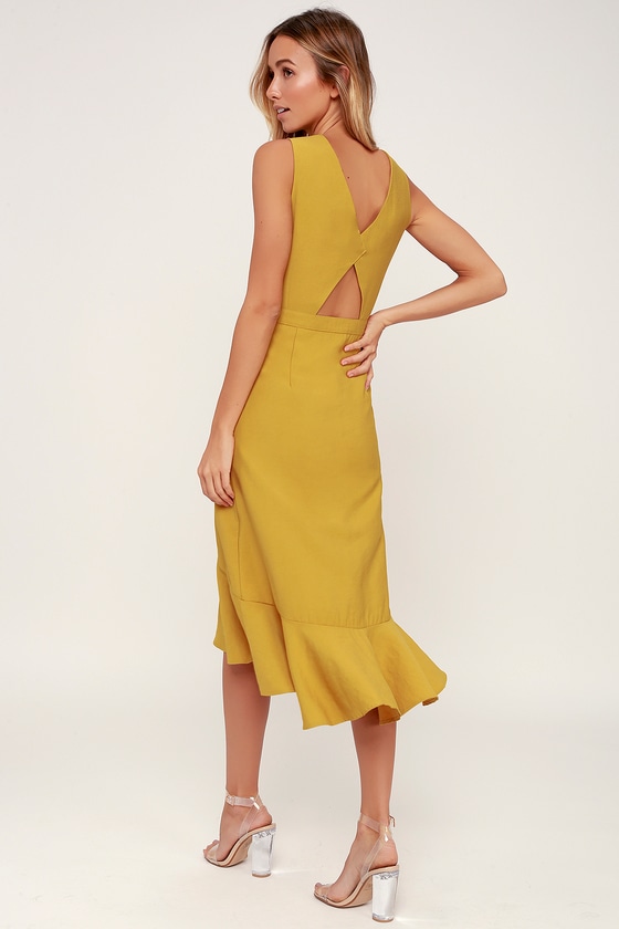 yellow button midi dress