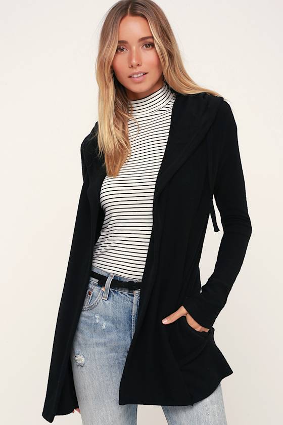 Soft Spun Black Hooded Cardigan Sweater 1