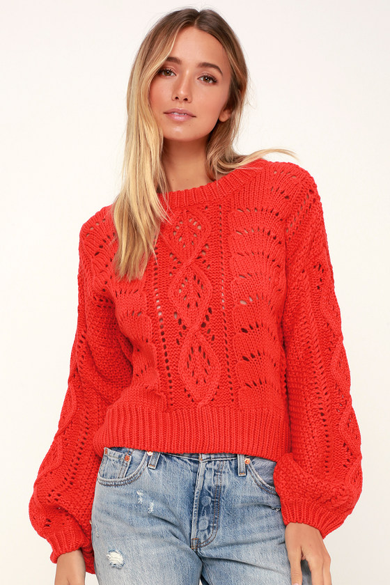 LUSH Sweater Coral Red Knit Sweater Balloon Sleeve Sweater Lulus