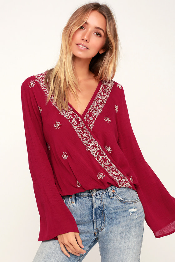 Cute Berry Red Top - Long Sleeve Top - Embroidered Surplice Top - Lulus