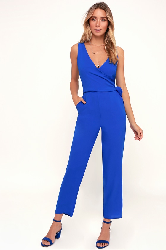 Chic Blue Jumpsuit - Cobalt Blue Jumpsuit - Surplice Jumpsuit - Lulus