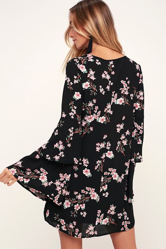 Midnight Garden Black Floral Print Bell Sleeve Shift Dress 4