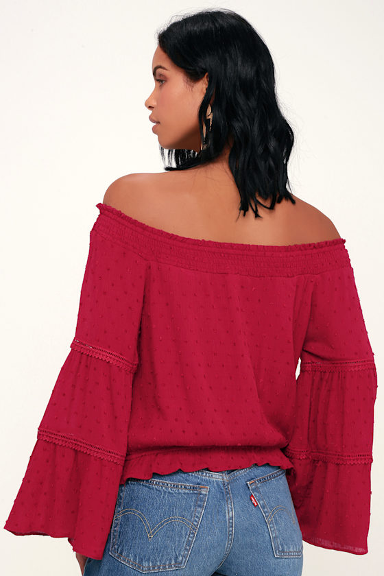 Sunny Story Dark Red Lace Bell Sleeve Off-the-Shoulder Top 8