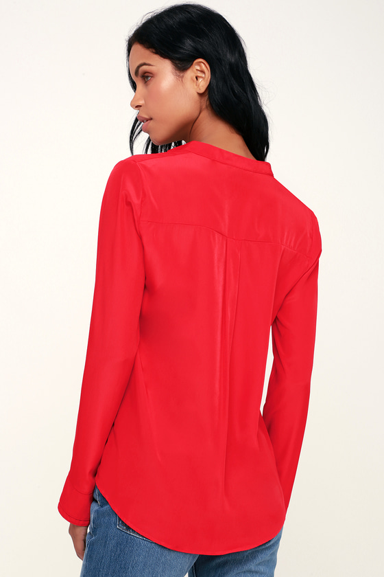 Chic Red Top - Red Long Sleeve Top - Blouse - Office Top