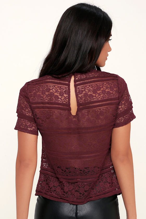 Sexy Burgundy Top Sheer Lace Top Short Sleeve Top Cute Top Lulus