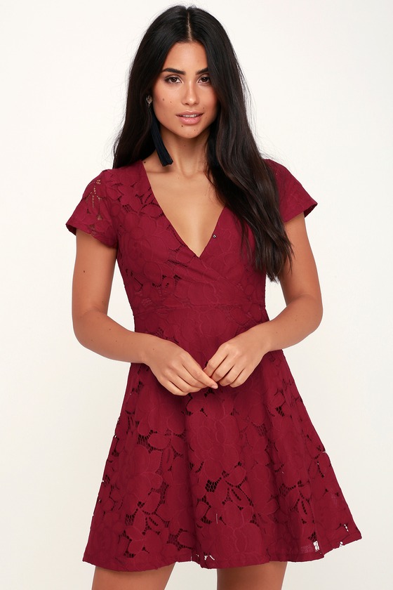 Black Swan Tia - Wine Red Dress - Lace Dress - Lace Skater Dress - Lulus